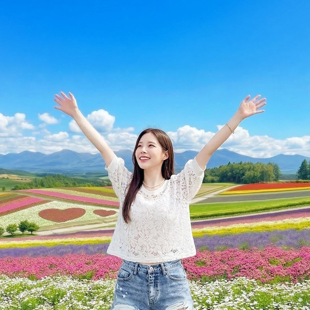 목차비에이 후라노 버스투어 핵심 정보 가이드가 촬영을 도와주는 모습